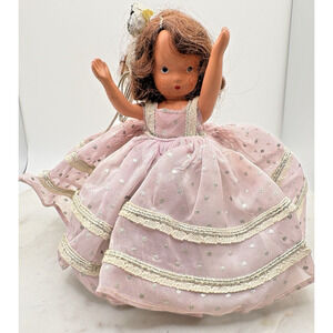 Vintage Nancy Ann Storybook Hard Plastic Doll with Pink Dress Hair ribbons paint